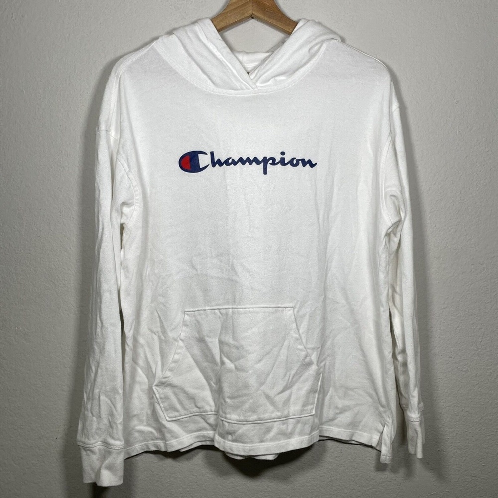 Champion White Mid Weight Script Logo Long Sleeve Pullover Hoodie Men Size Large